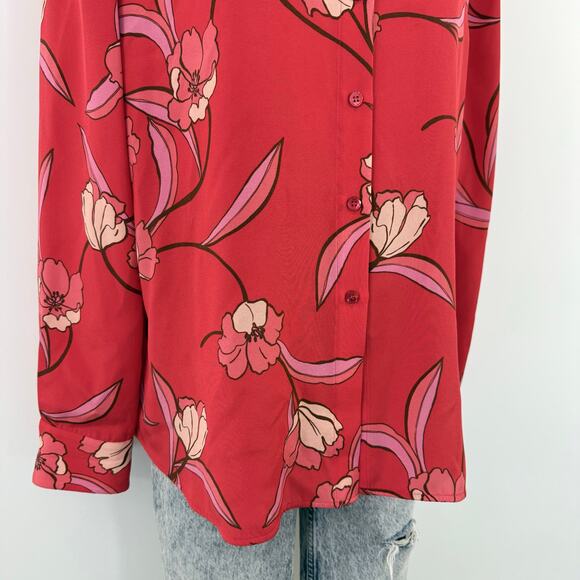 St. John Stretch Silk Button-Down Long Sleeve Shirt Poppy Red Floral 12 - Picture 4 of 12